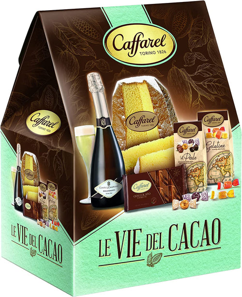 LE CADEAU | Confezione Regalo "Le Vie Del Cacao Caffarel", Confezione Alimentare Natalizia: Pandoro Caffarel, Spumante, Perle di Cioccolato, Cioccolato Fondente, Gelatine Alla Frutta, Idea Regalo